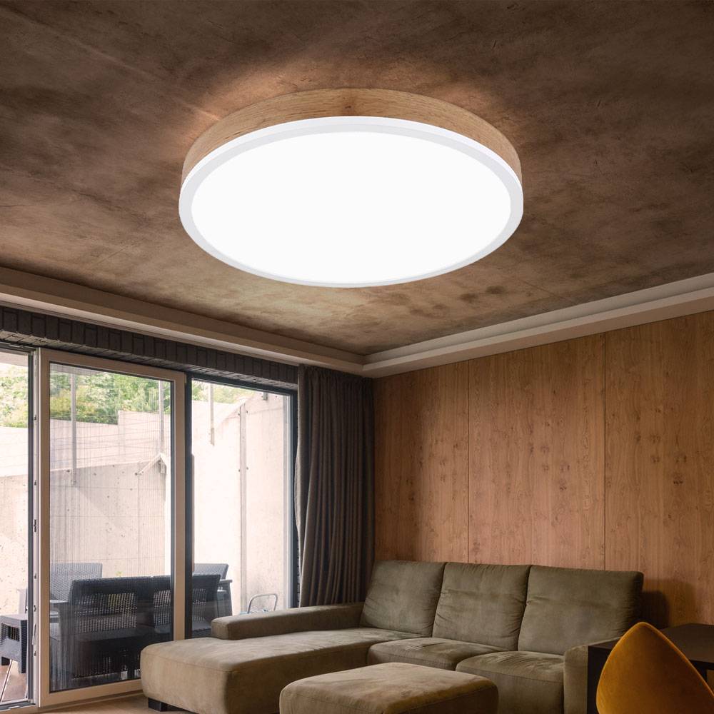 Deckenleuchte Wohnzimmerlampe Deckenlampe Esszimmerleuchte Flurlampe rund, Metall weiß Kunststoff opal Holzoptik MDF, 1x LED 24W 1800Lm 3000K