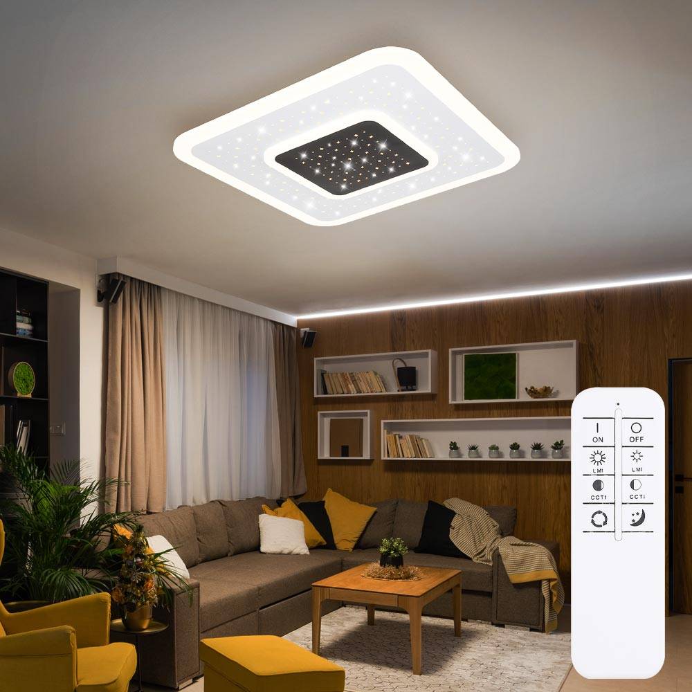 LED Deckenleuchte mit Fernbedienung Deckenlampe dimmbar Schlafzimmerleuchte Sterneneffekt weiß, Nachtlicht Memoryfunktion, 1x 47W 2157Lm 2700-6000K