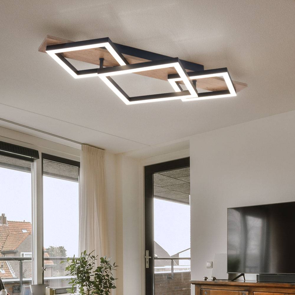 LED Deckenlampe Wohnzimmerlampe Deckenleuchte Esszimmerleuchte Küchenlampe, Metall Kunststoff Holzoptik schwarz, 24W 1400lm 3000K warmweiß, B 31 cm