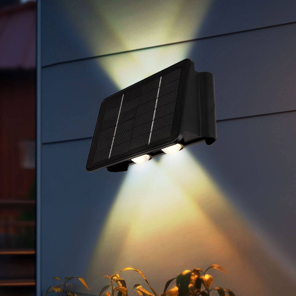 Solarlampe schwarz Außenleuchte Balkon Wandlampe modern Eckige Gartenlampe Akku Hauswand wetterfest, Kunststoff, 1x LED 40lm 3000K, LxBxH 17x10,8x6
