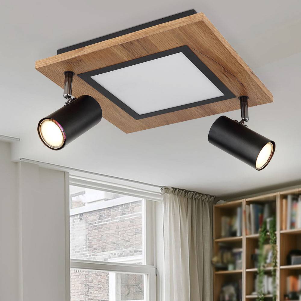 Deckenleuchte Holz eckig Deckenlampe Wohnzimmer Spots Deckenleuchte schwarz, Strahler schwenkbar, 1x LED 2x GU10 getrennt schaltbar, LxH30x18 cm