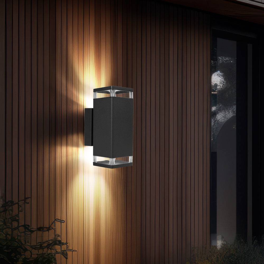 Wandleuchte Hauswandlampe Außenleuchte Fassadenleuchte, Aluminium schwarz, 2 Flammig GU10, App-Steuerung dimmbar Smart RGB LED 4,5W 290Lm L 23,5 cm