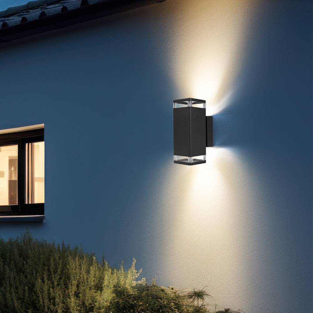 Wandleuchte Hauswandlampe Außenleuchte Fassadenleuchte, Aluminium schwarz, 2 Flammig GU10, L 23,5 cm