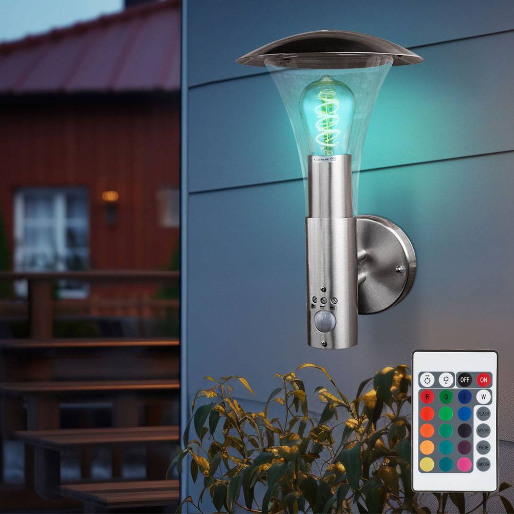 LED Wandleuchte mit Bewegungsmelder Außenleuchte Wandlampe Fassadenleuchte, Edelstahl silber, RGB Farbwechsel dimmbar Fernbedienung, 8,5W 806lm