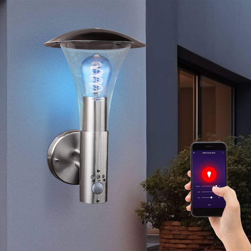 Wandleuchte mit Bewegungsmelder Außenleuchte Wandlampe, Edelstahl silber, dimmbar App Steuerung CCT, Smart RGB LED 8,5W 806Lm, L 30,5 cm