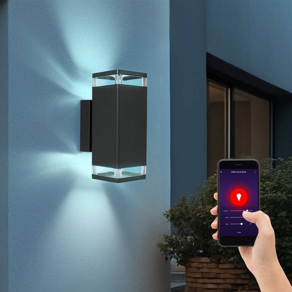 Wandleuchte Hauswandlampe Außenleuchte Fassadenleuchte, Aluminium schwarz, 2 Flammig GU10, App-Steuerung dimmbar Smart RGB LED 4,5W 290Lm L 23,5 cm