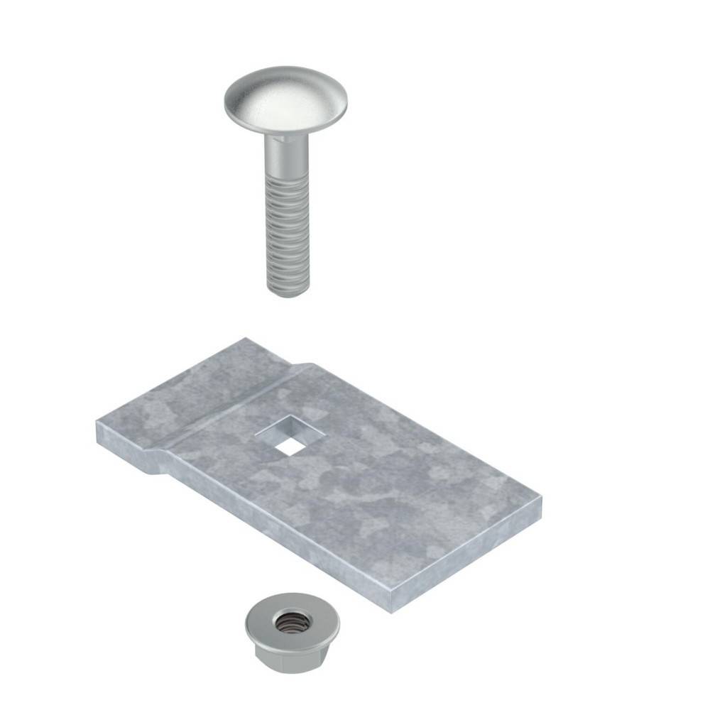 Eine Metallschraube, eine rechteckige Platte mit einem quadratischen Loch und eine Mutter sind abgebildet. Die Schraube ist so positioniert, dass sie durch das Loch der Platte passt.