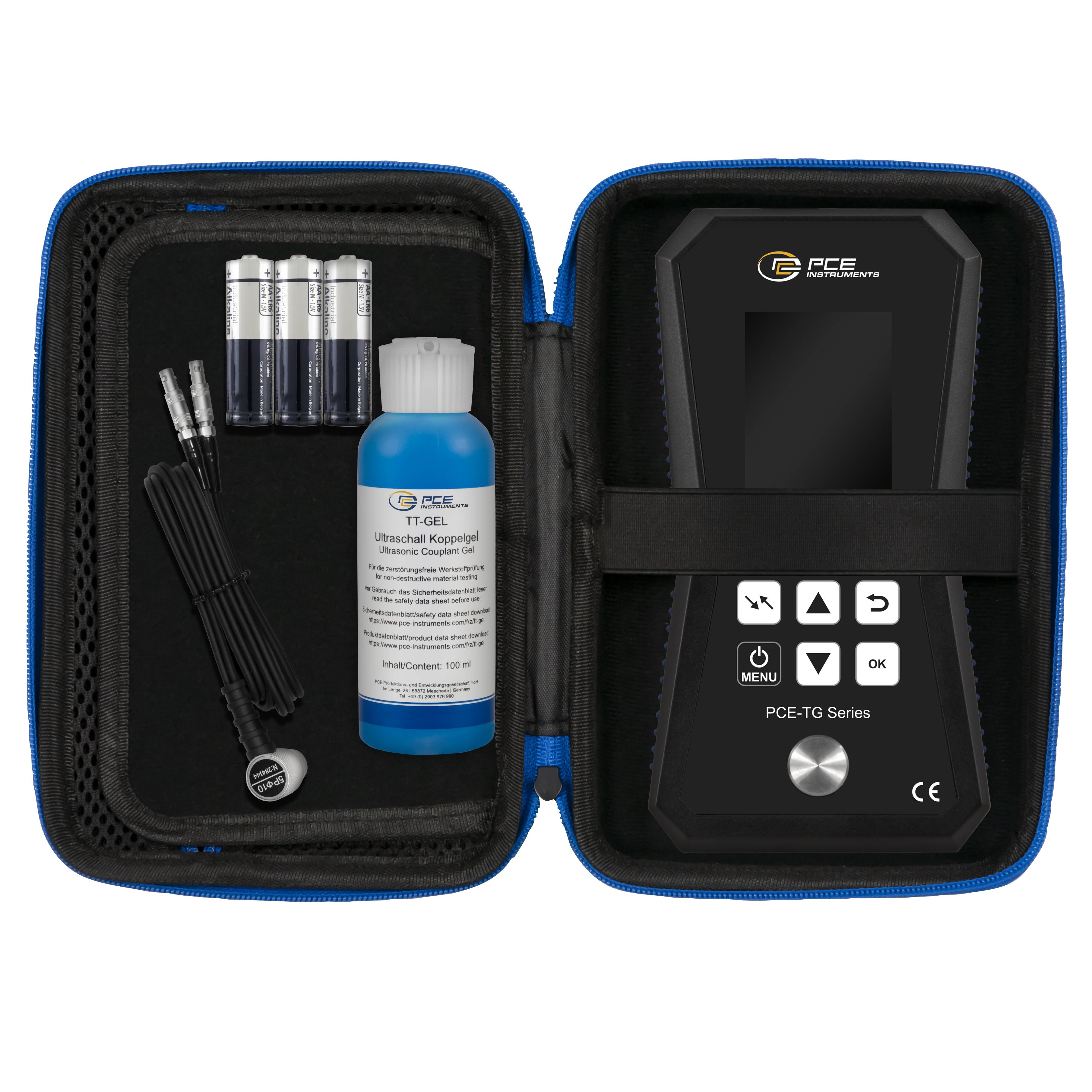 PCE Instruments Materialdickenmessgerät PCE-TG 75A |1 ... 225 mm |Sensor 5 MHz Ø10 mm |Grenzwertalarm |Speicher |IP52