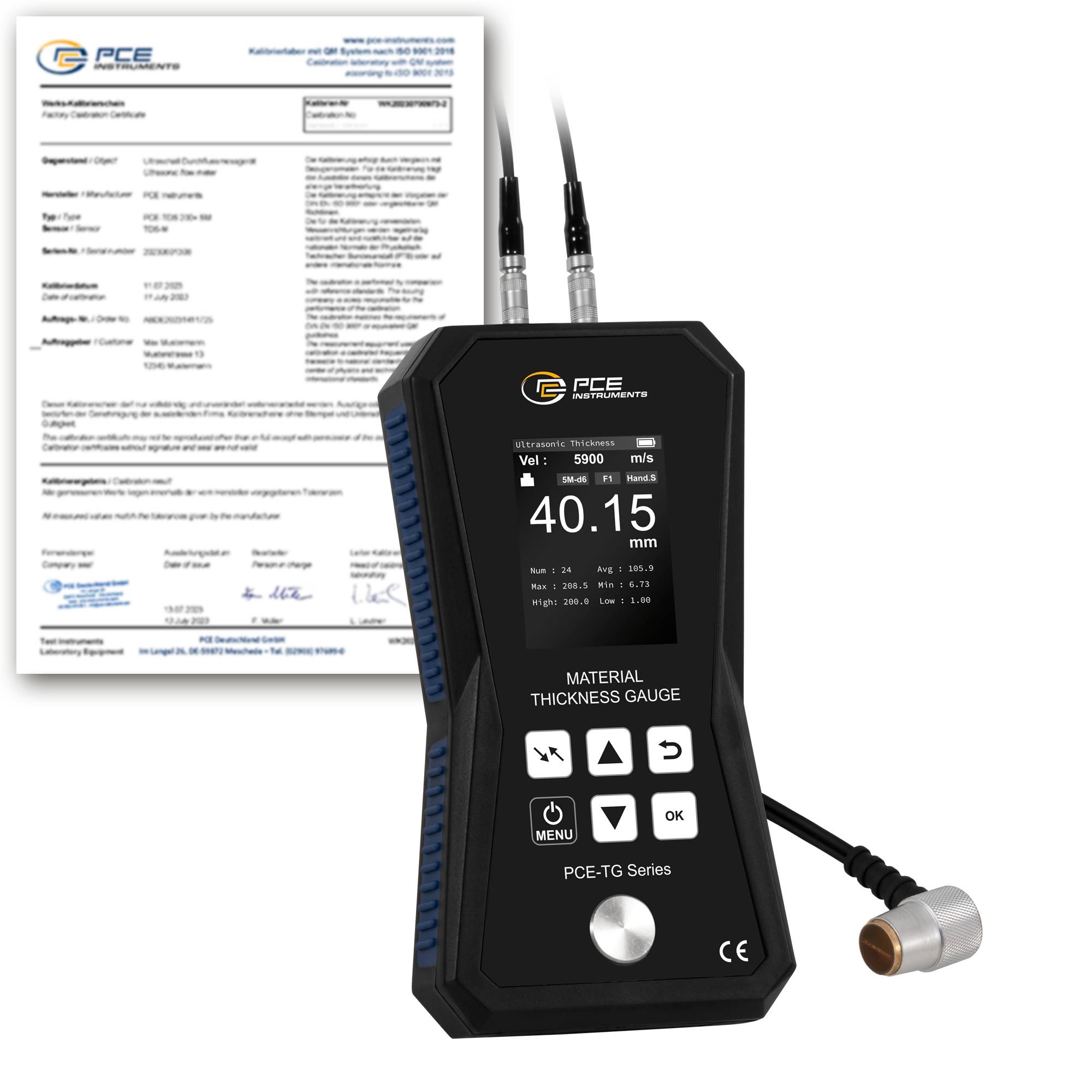 PCE Instruments Materialdickenmessgerät PCE-TG 150A F25-ICA inkl. ISO-Zertifikat |1,2 ... 300 mm |Sensor 2,5 MHz Ø 12mm