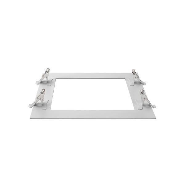 Rechteckiger Rahmen mit Metallklammern an jeder Ecke auf weißem Hintergrund.