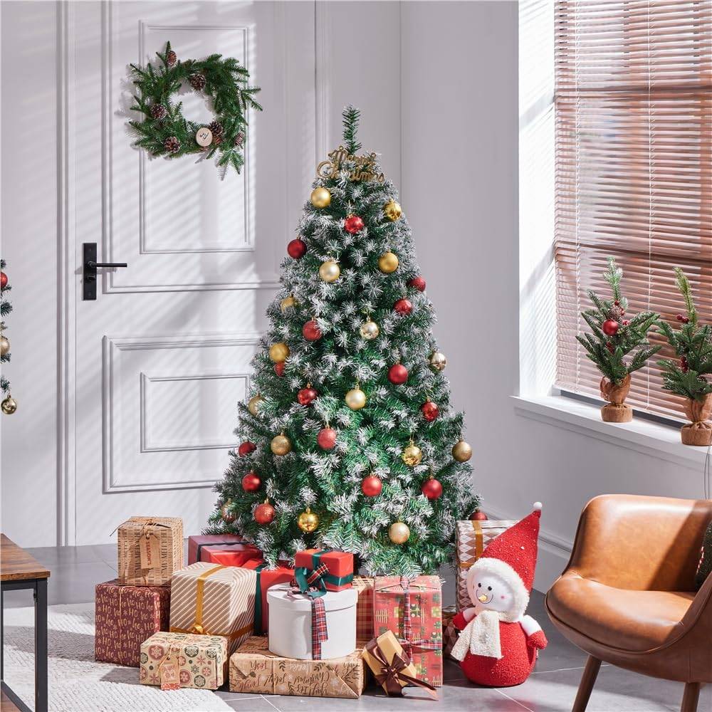 Yaheetech 152,5cm Künstlicher Weihnachtsbaum mit Schnee, Christbaum mit ca.450 Spitzen & Schnellaufbau Klappsystem, Schwer Entflammbarer Tannenbaum