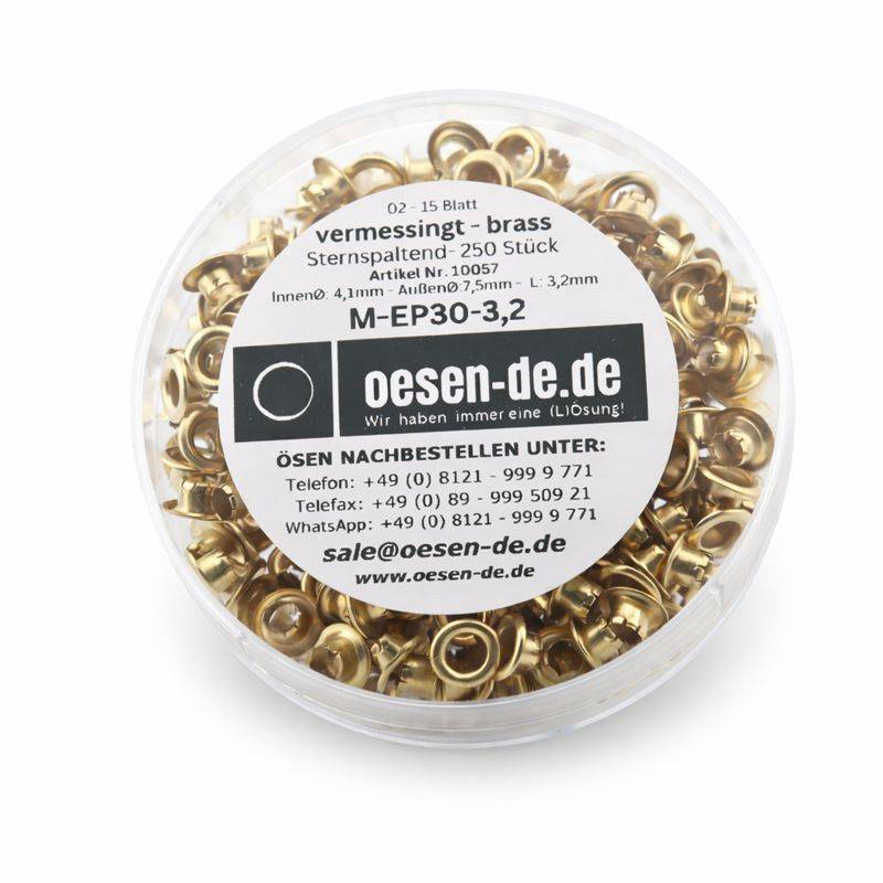 Packung mit 250 Messingösen, jede mit 4,1 mm Innendurchmesser und 7,5 mm Außendurchmesser, in einem runden durchsichtigen Behälter präsentiert.