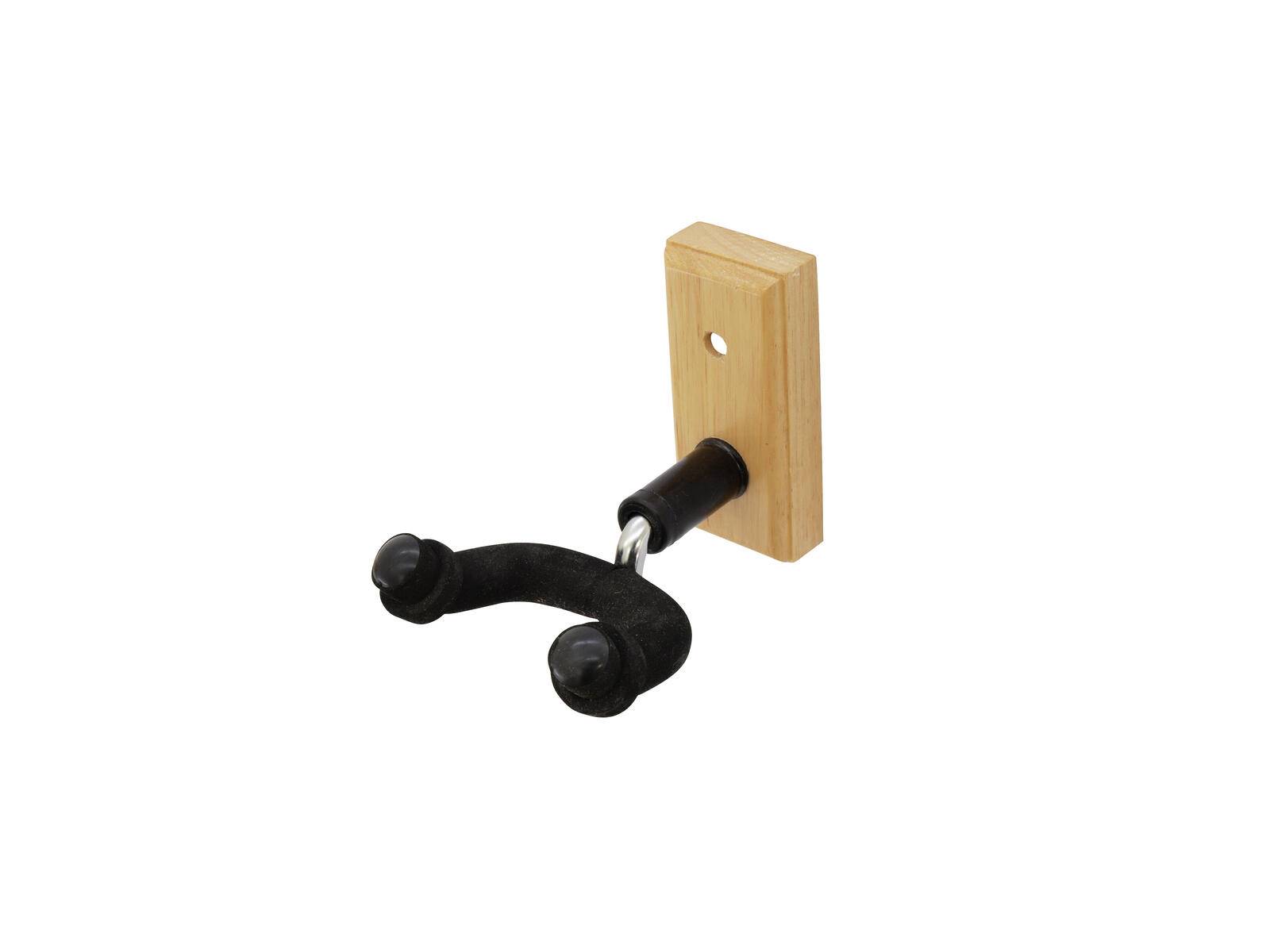 An die Wand montierter Holz-Gitarrenhalter mit nach oben gerichteten schwarzen gepolsterten Haken.