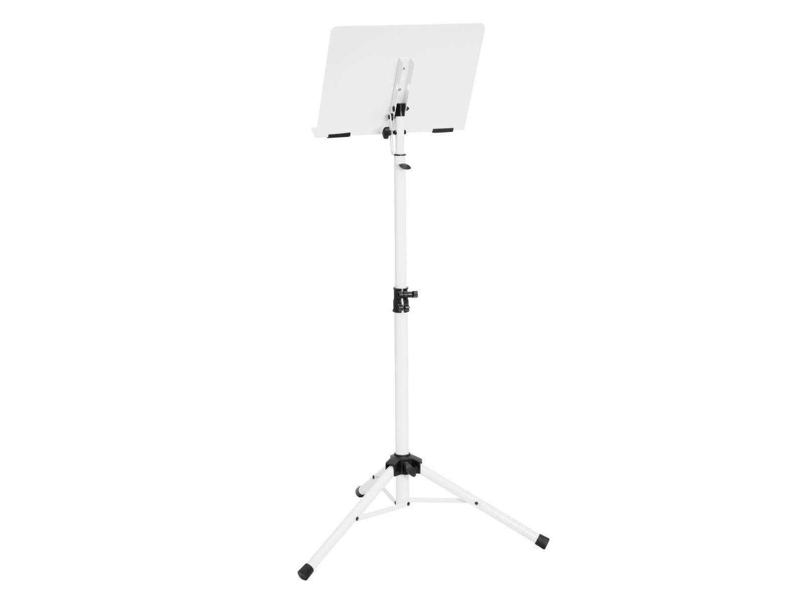 Ein weißer, verstellbarer Notenständer mit Dreibeinstativ und drei Beinen, der dazu ausgelegt ist, Noten oder Blätter in einer gut lesbaren Höhe zu halten.