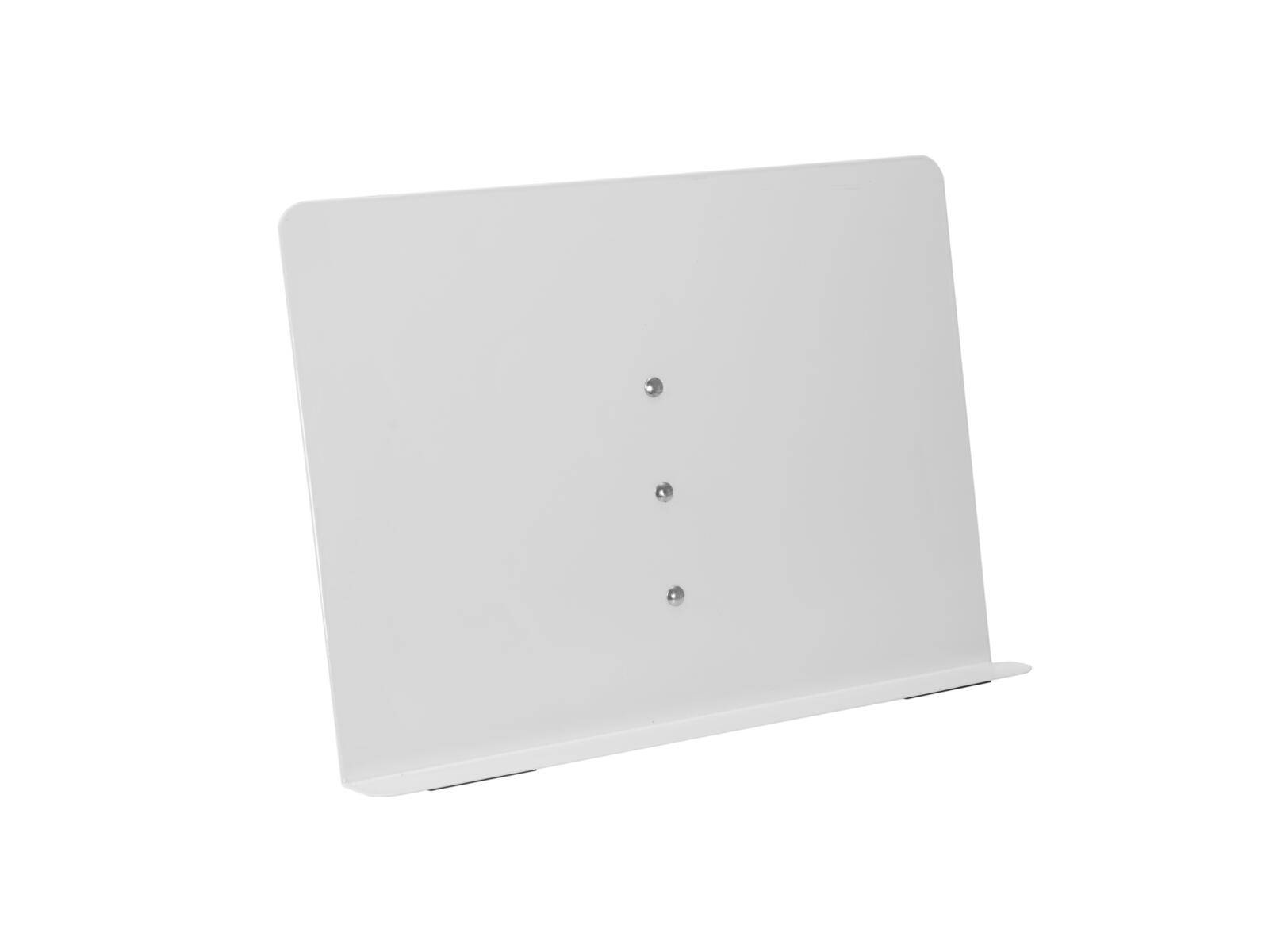 Ein weißer Buchständer mit minimalistischem Design, der drei kleine Knöpfe in der Mitte auf einer glatten Oberfläche aufweist.