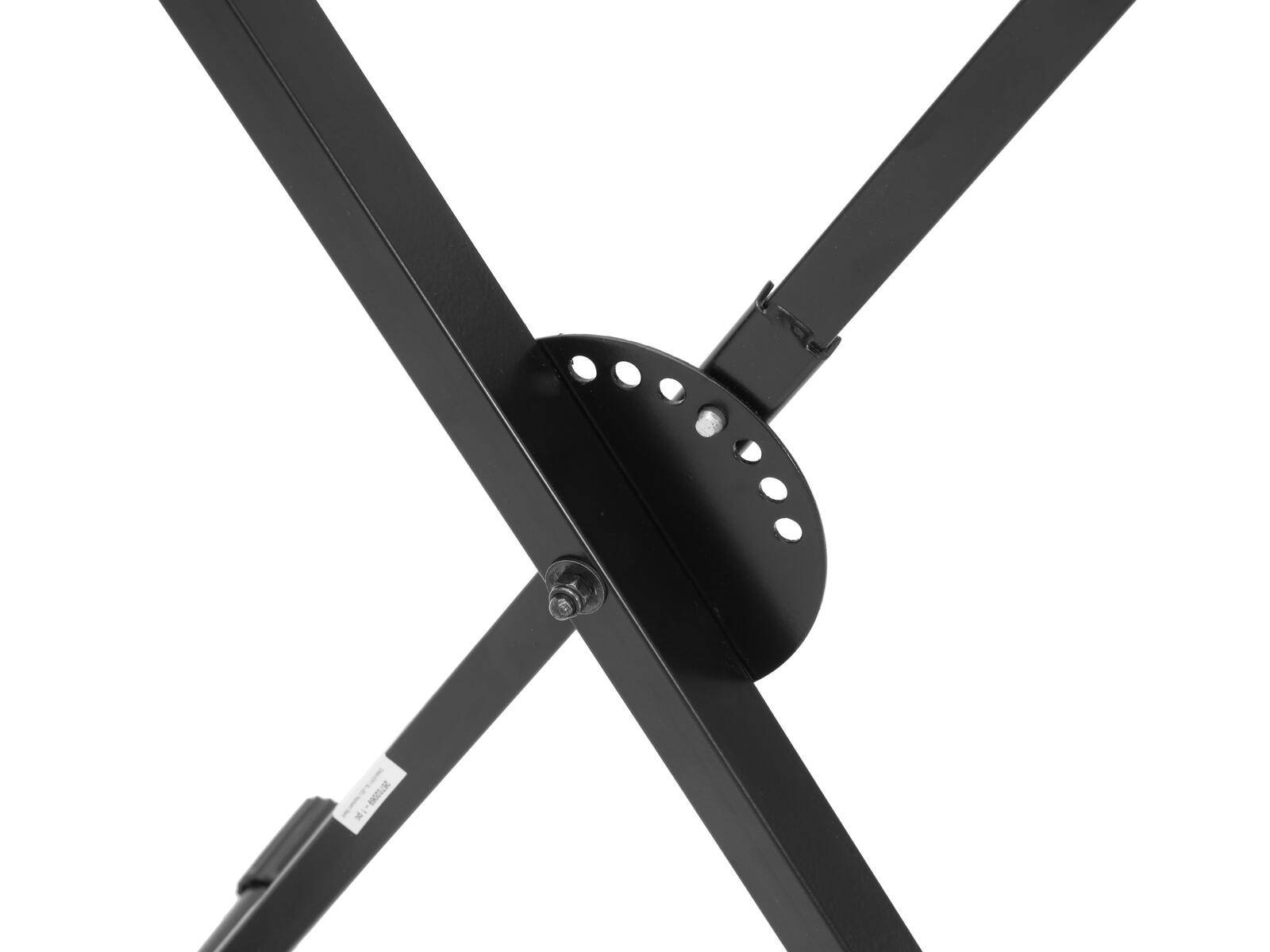 Metallständergestell mit sich kreuzenden Stützen, entwickelt für Stabilität. Verfügt über Löcher für verstellbare Befestigungen.