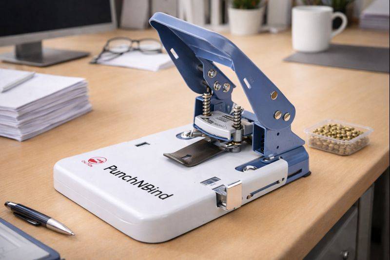 Eine blaue und silberne Lochbindemaschine mit der Aufschrift 