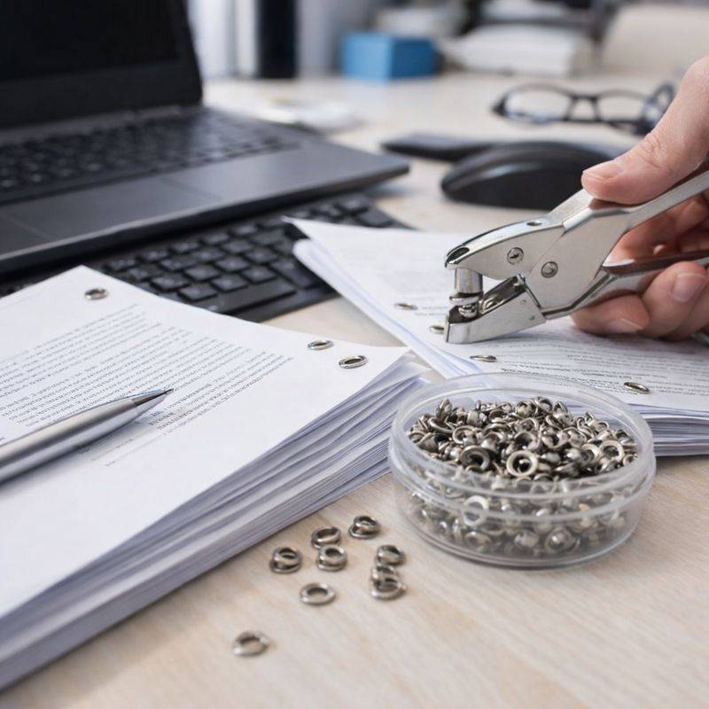 Eine Hand benutzt einen Locher auf Blättern Papier, mit losen Ringbuchringen auf einem Schreibtisch, einem geschlossenen Laptop und Brille im Hintergrund.