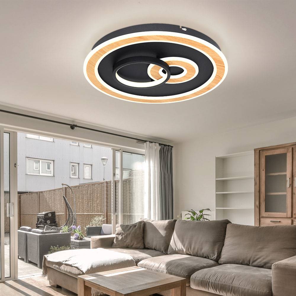 Deckenlampe schwarz Wohnzimmerlampe modern Deckenleuchte dimmbar, LED Smartlight Fernbedienung CCT Holzoptik, LED 50W 2200lm 2700-6500K, DxH 50x7 cm