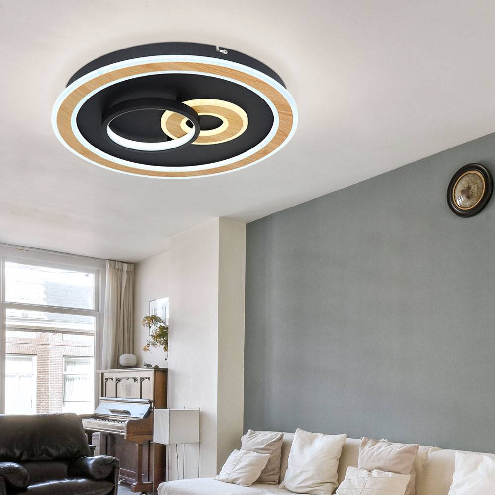 Deckenlampe schwarz Wohnzimmerlampe modern Deckenleuchte dimmbar, LED Smartlight Fernbedienung CCT Holzoptik, LED 50W 2200lm 2700-6500K, DxH 50x7 cm