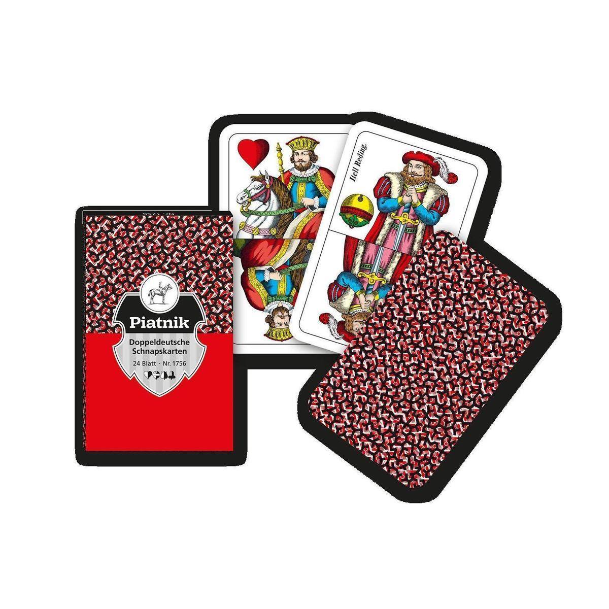 Vier Spielkarten aus einem Piatnik Doppeldeutsche Schafkopf-Deck, das zwei Bildkarten und zwei Kartenvorderseiten auf weißem Hintergrund zeigt.