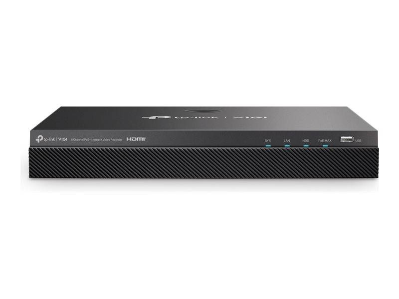 Schwarzer TP-Link VIGI Videorekorder/NVR Frontansicht mit HDMI-Anschluss und Statusleuchten auf weißem Hintergrund
