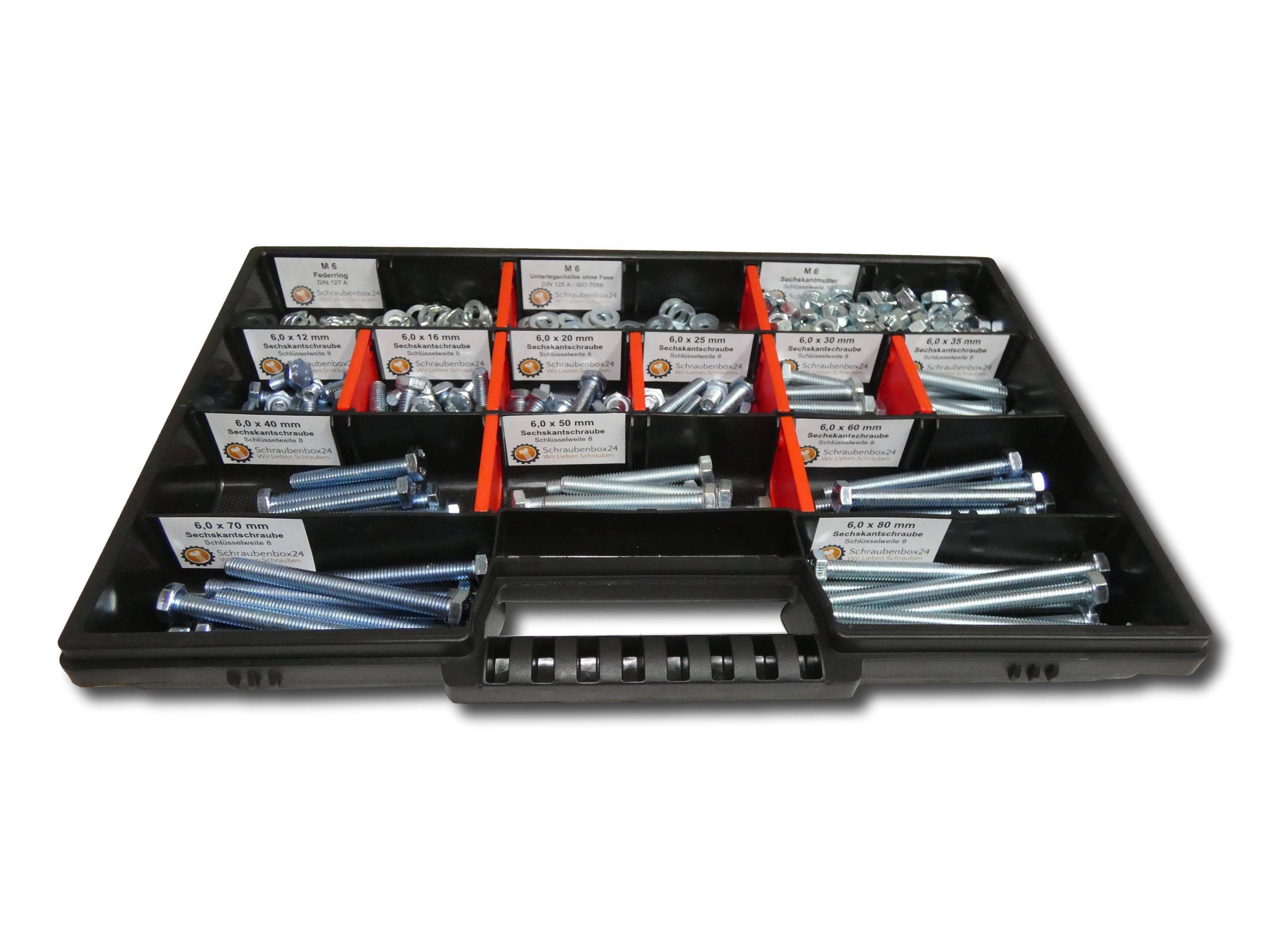 480 tlg Sechskantschrauben Sortiment mit Muttern Unterlegscheiben Federringen M6 // 12mm-80mm Schrauben Set