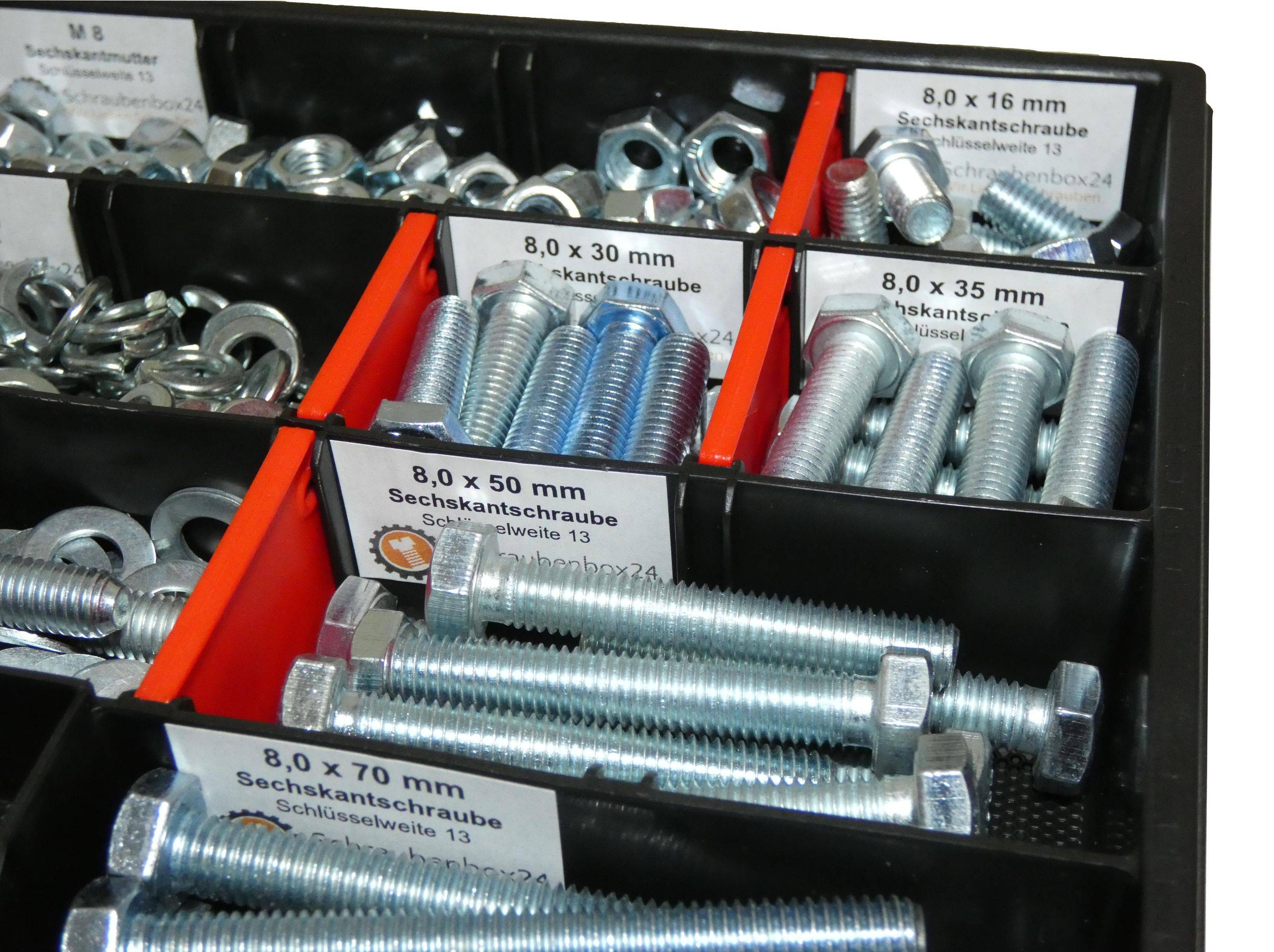 400 tlg Sechskantschrauben Sortiment mit Muttern Unterlegscheiben Federringen M8 // 12mm-70mm Schrauben Set