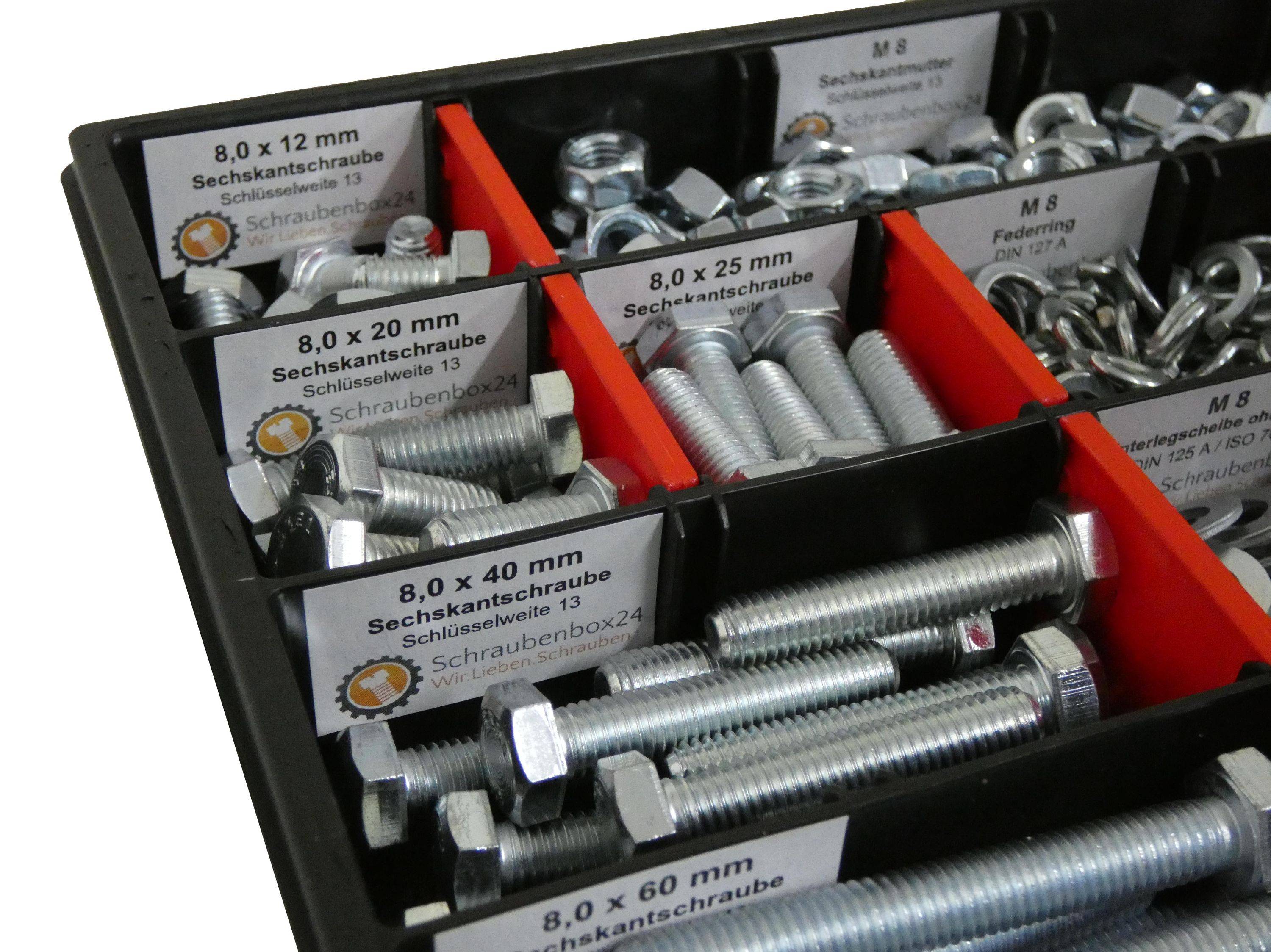 400 tlg Sechskantschrauben Sortiment mit Muttern Unterlegscheiben Federringen M8 // 12mm-70mm Schrauben Set