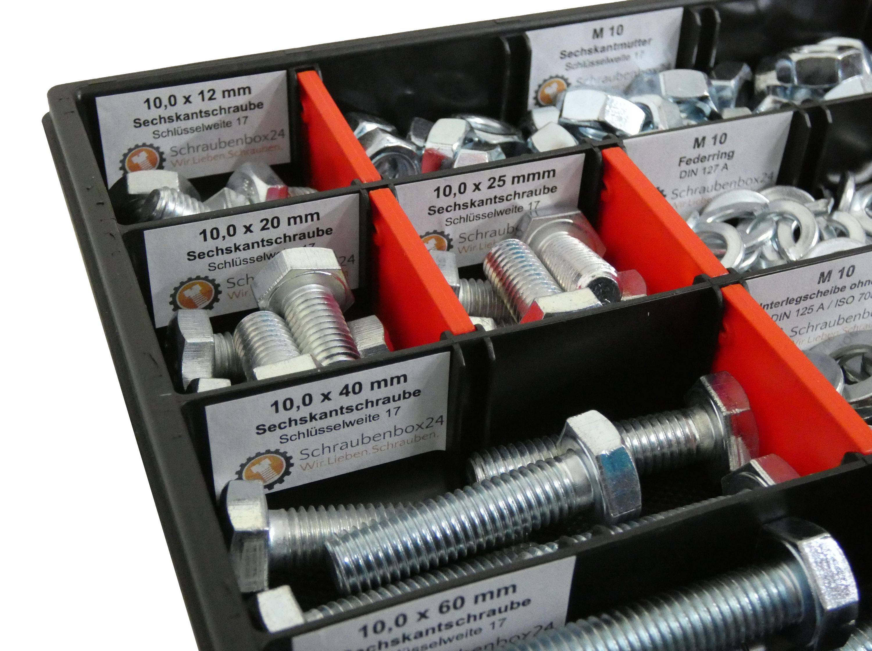 200 tlg Sechskantschrauben Sortiment mit Muttern Unterlegscheiben Federringen M10 // 12mm-70mm Schrauben Set