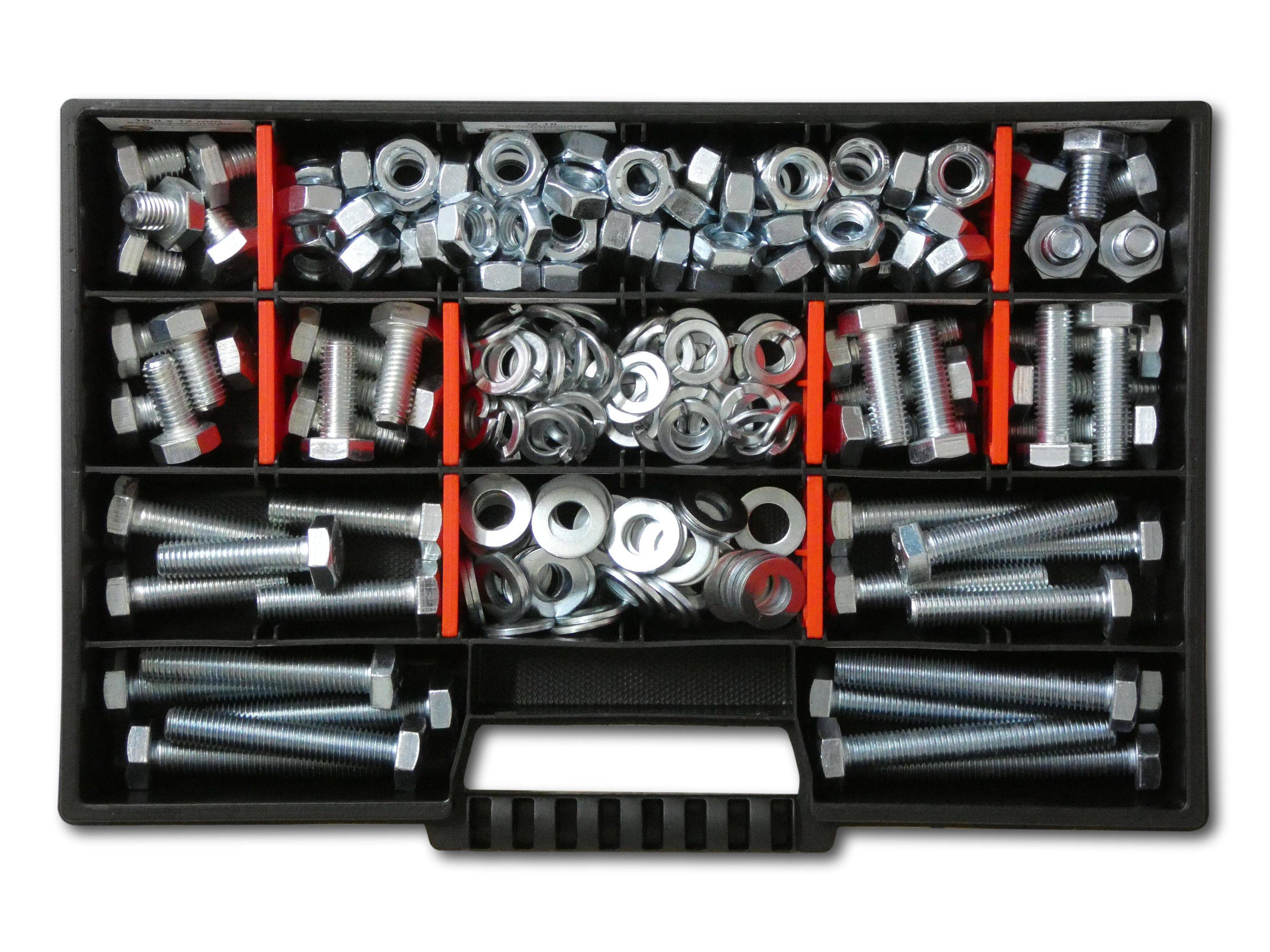 200 tlg Sechskantschrauben Sortiment mit Muttern Unterlegscheiben Federringen M10 // 12mm-70mm Schrauben Set