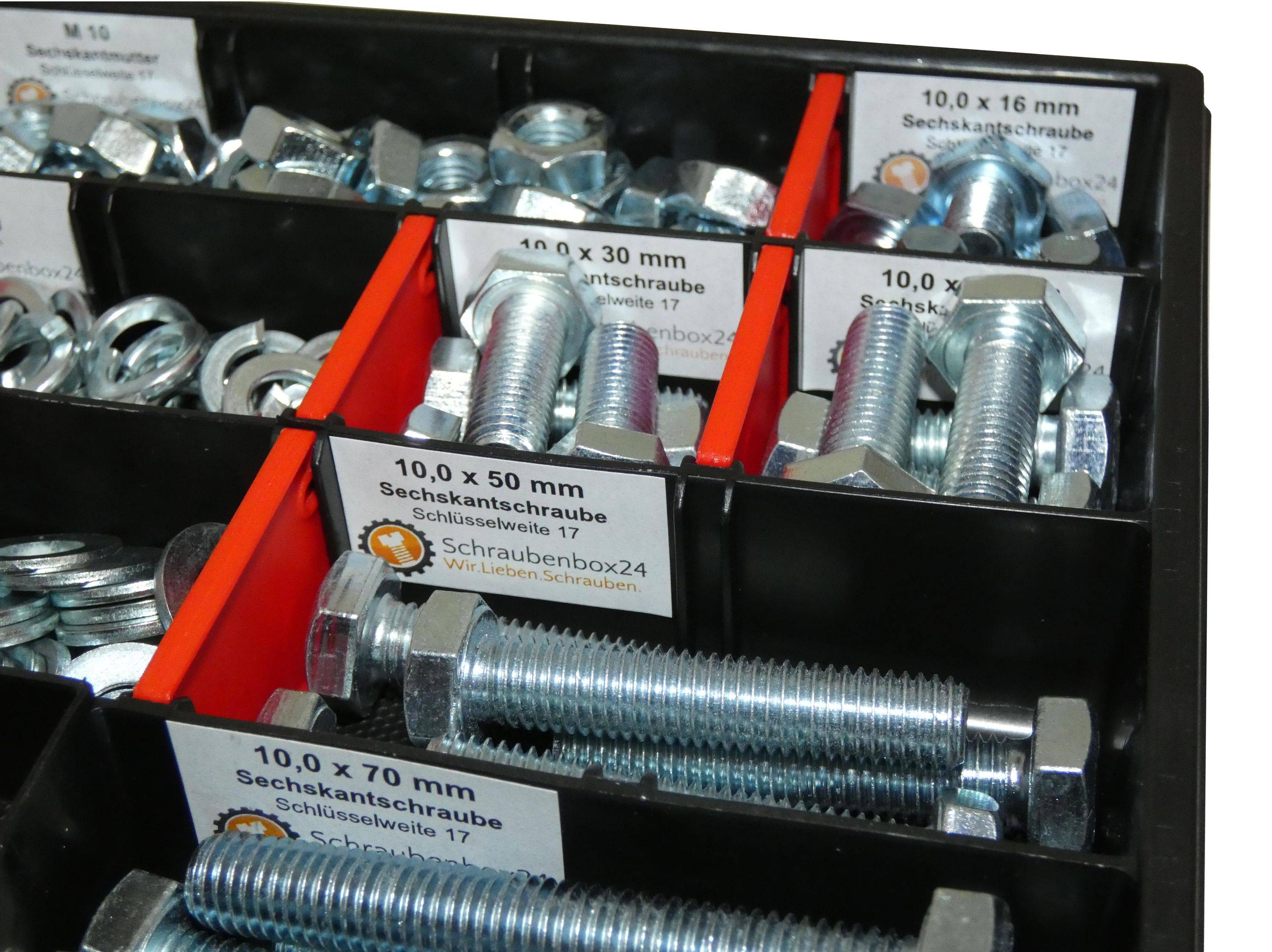 200 tlg Sechskantschrauben Sortiment mit Muttern Unterlegscheiben Federringen M10 // 12mm-70mm Schrauben Set