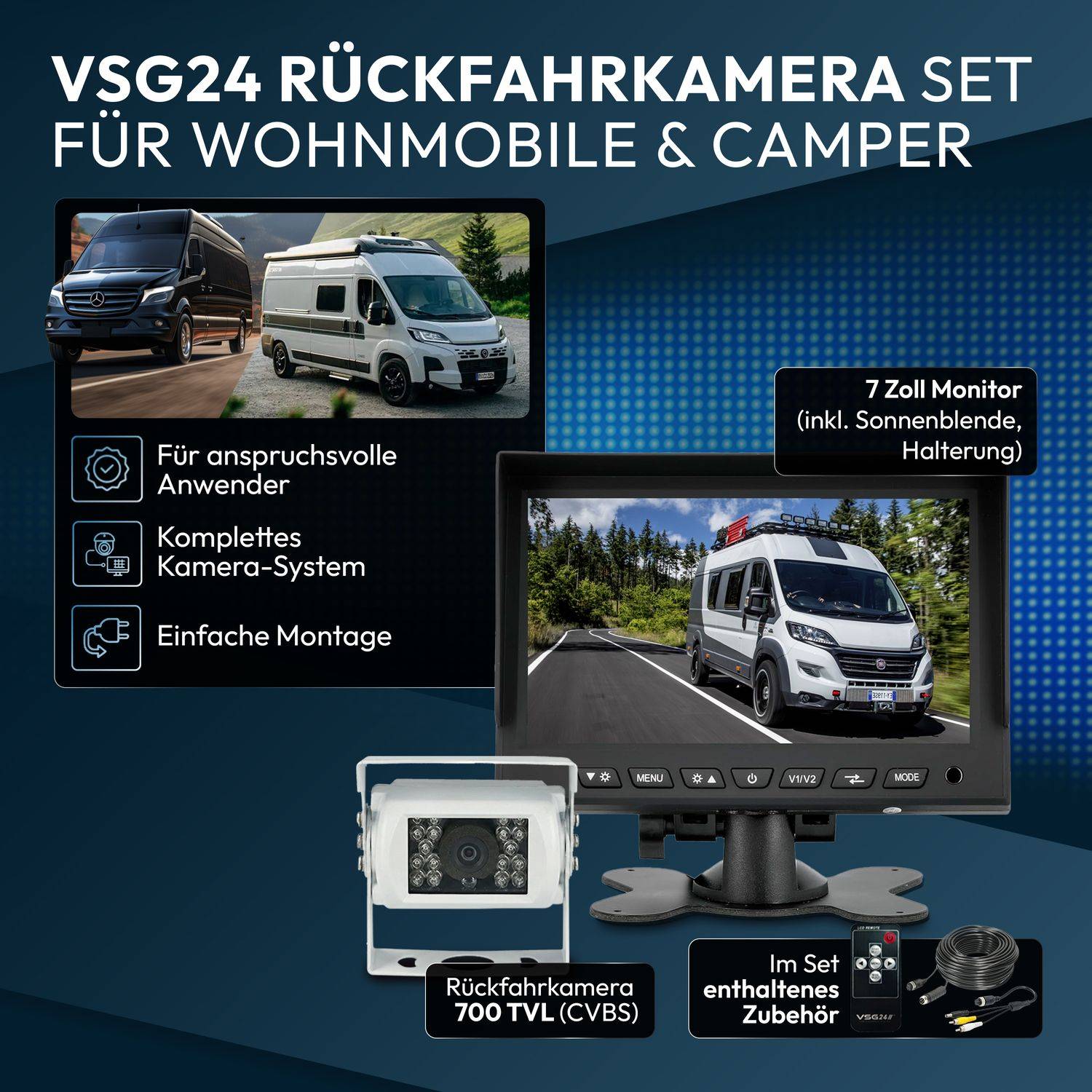 VSG24 7" Rückfahrkamera Set CAMPER | Wohnmobil 120° weiß RVS-24102