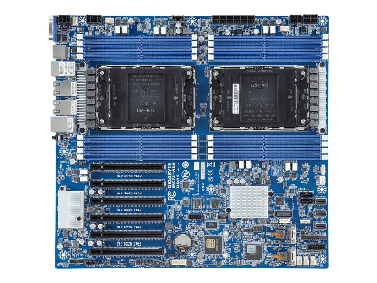 Blaue Computer-Hauptplatine mit zwei CPU-Sockeln, mehreren RAM-Steckplätzen, Erweiterungssteckplätzen und Kühlkörper, auf weißem Hintergrund dargestellt.
