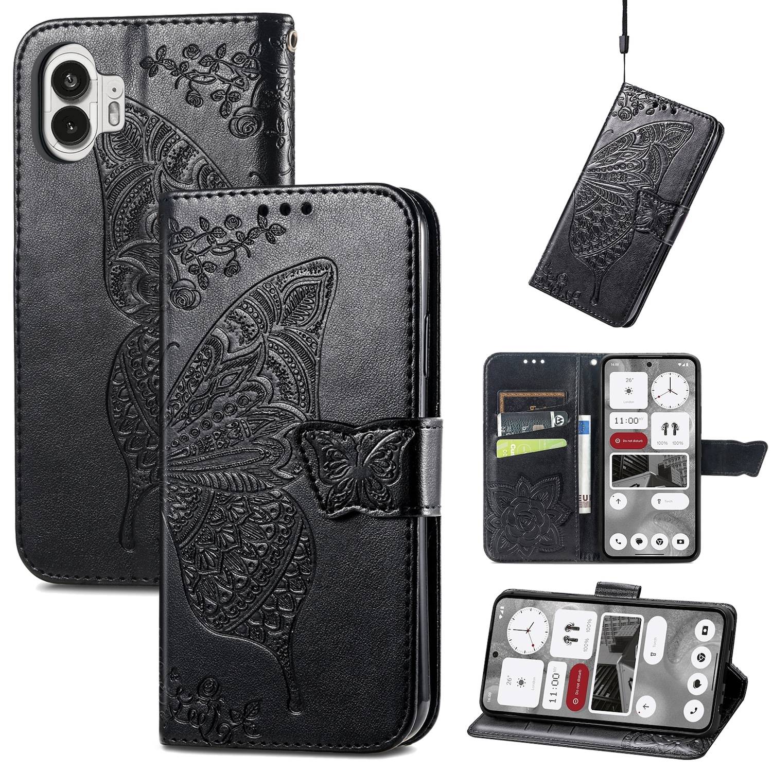 Für Nothing Phone 2 Kunstleder Wallet Handy Tasche Schmetterling Design Hülle Etuis Schwarz