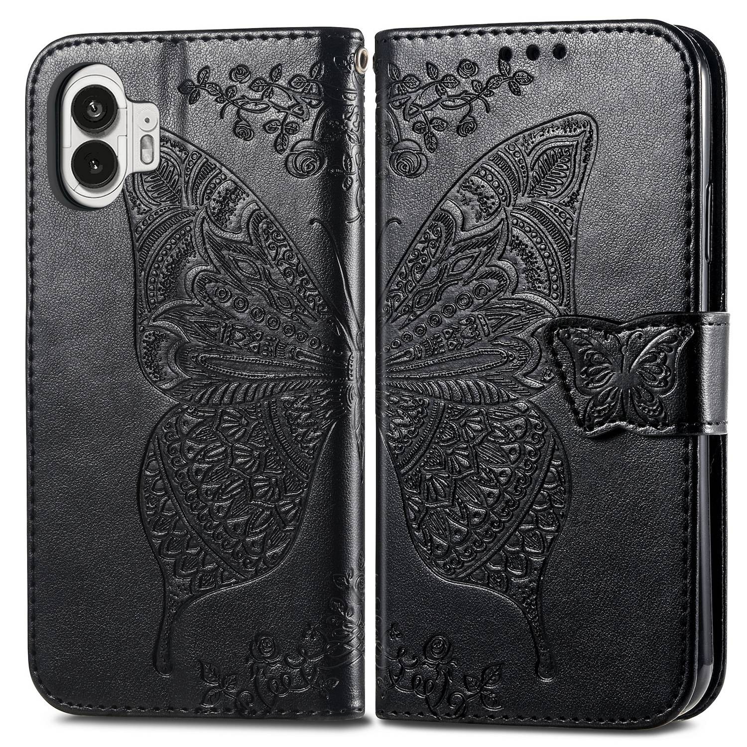 Für Nothing Phone 2 Kunstleder Wallet Handy Tasche Schmetterling Design Hülle Etuis Schwarz