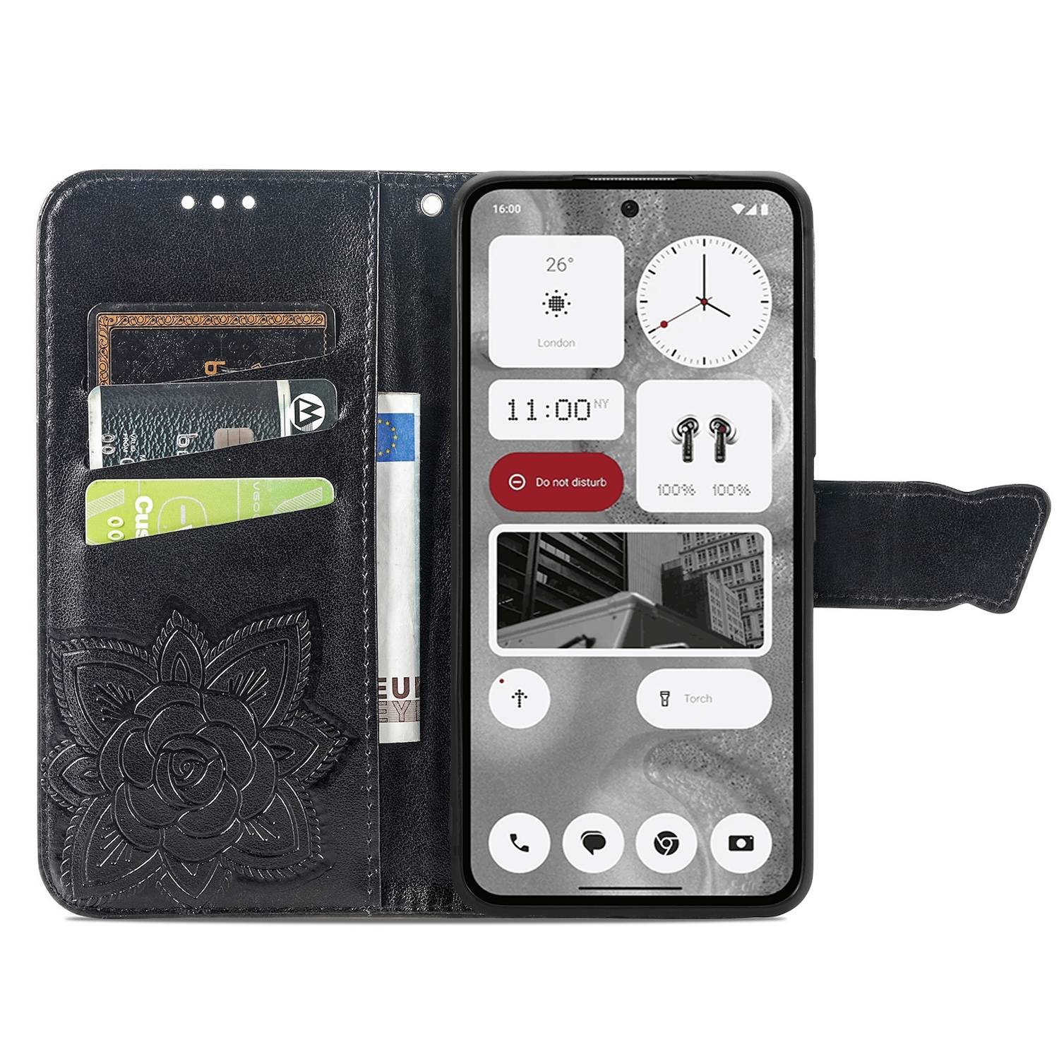 Für Nothing Phone 2 Kunstleder Wallet Handy Tasche Schmetterling Design Hülle Etuis Schwarz