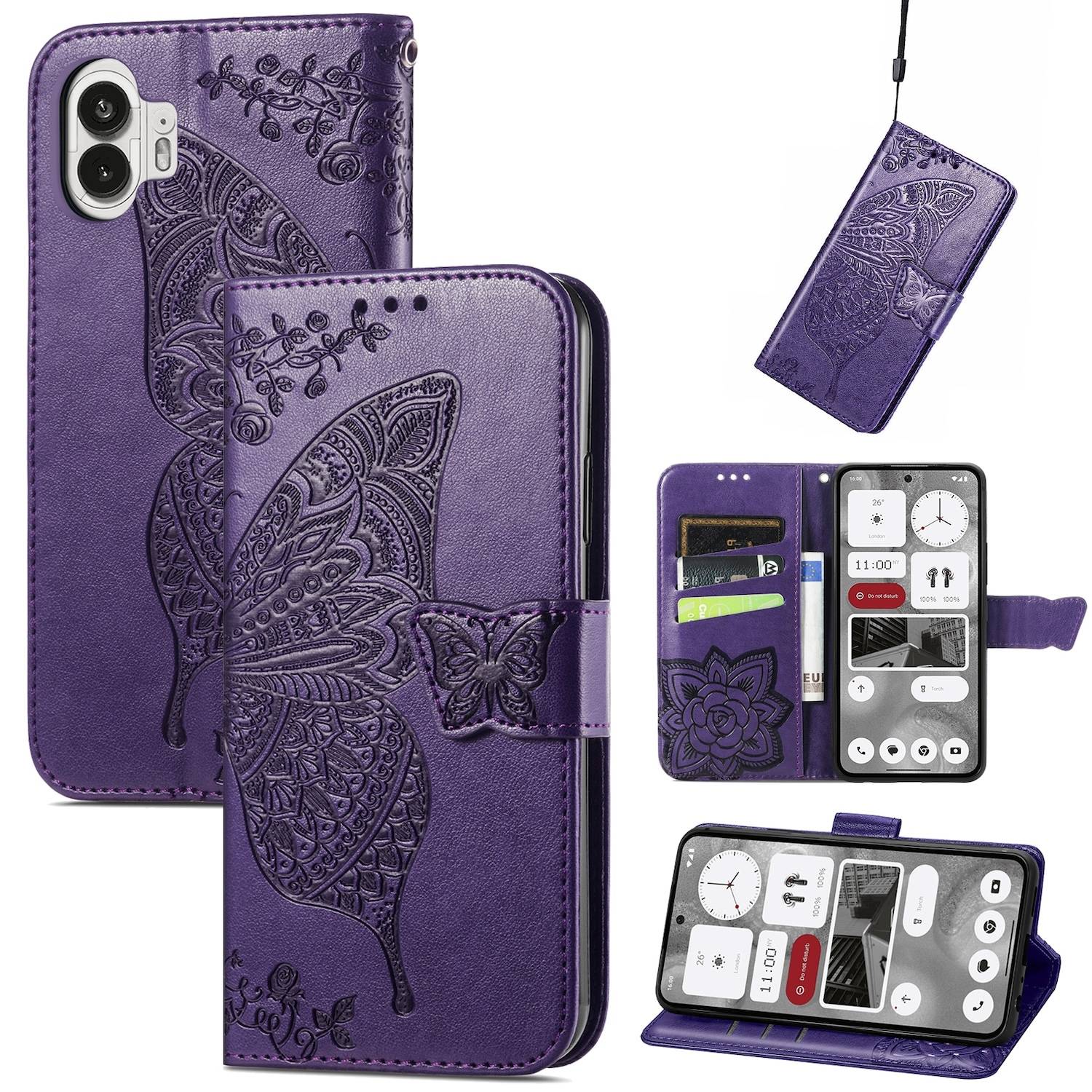 Für Nothing Phone 2 Kunstleder Wallet Handy Tasche Schmetterling Design Hülle Etuis Lila