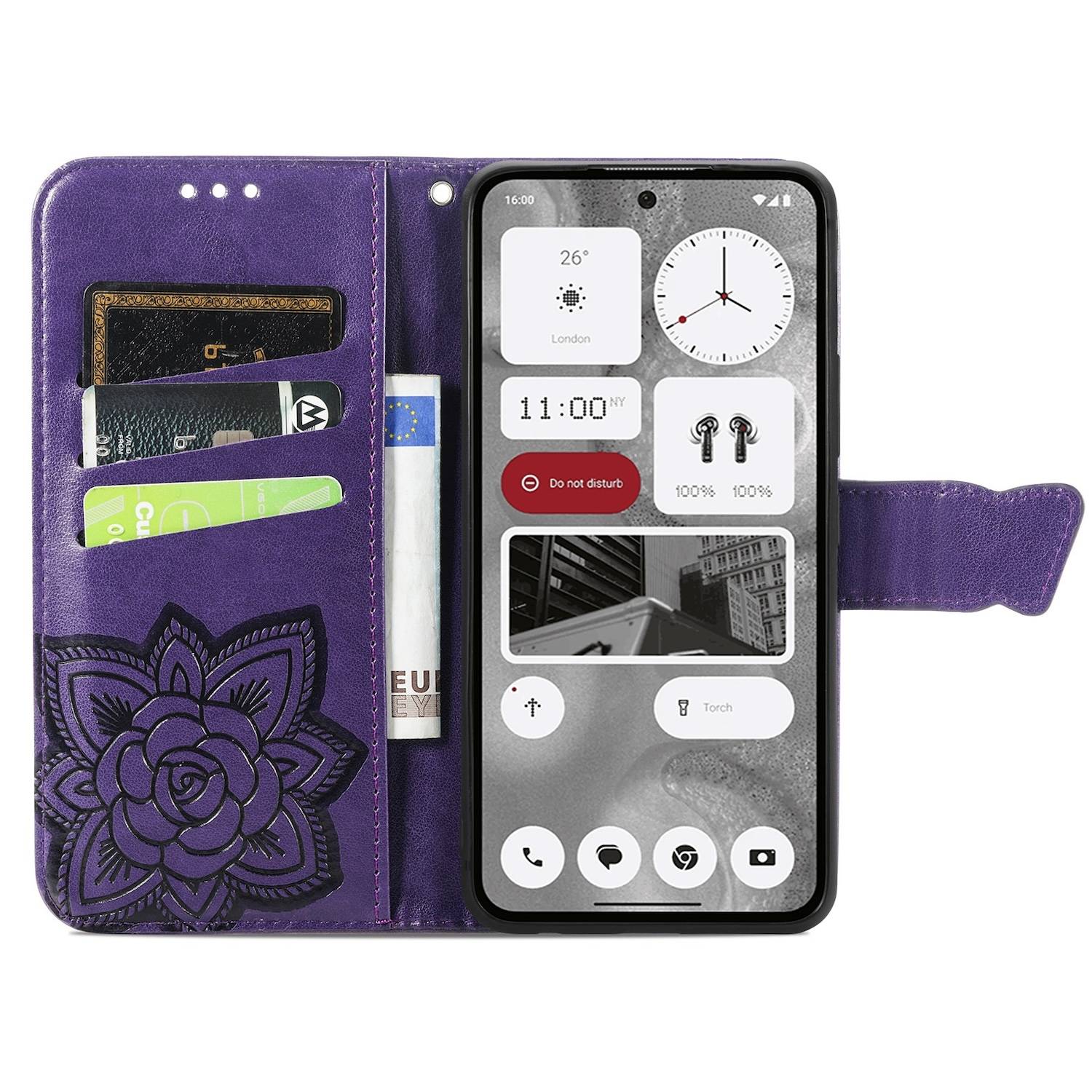 Für Nothing Phone 2 Kunstleder Wallet Handy Tasche Schmetterling Design Hülle Etuis Lila