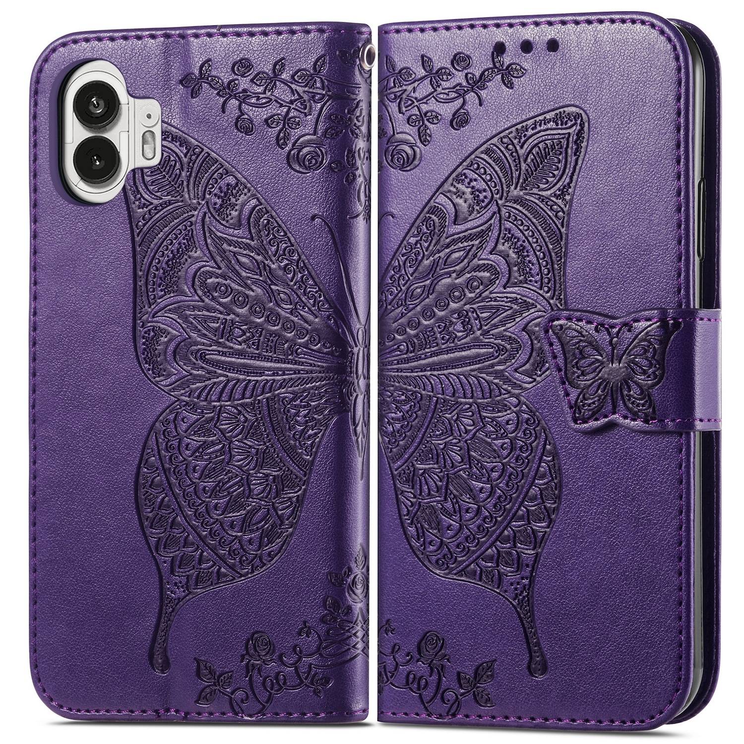 Für Nothing Phone 2 Kunstleder Wallet Handy Tasche Schmetterling Design Hülle Etuis Lila