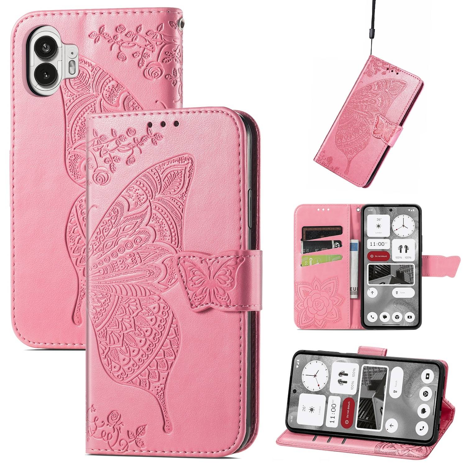 Für Nothing Phone 2 Kunstleder Wallet Handy Tasche Schmetterling Design Hülle Etuis Pink
