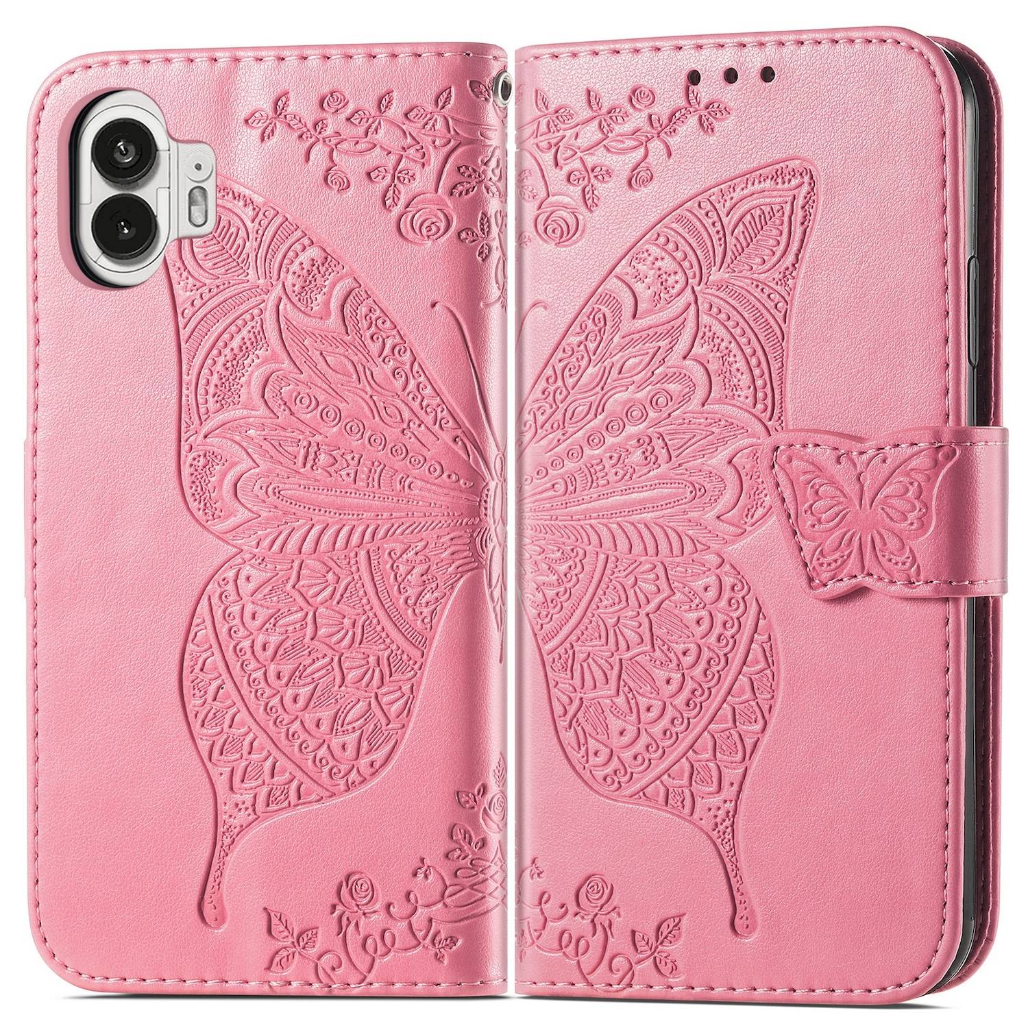 Für Nothing Phone 2 Kunstleder Wallet Handy Tasche Schmetterling Design Hülle Etuis Pink