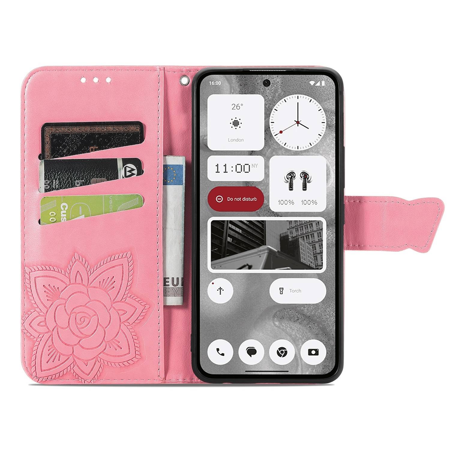 Für Nothing Phone 2 Kunstleder Wallet Handy Tasche Schmetterling Design Hülle Etuis Pink