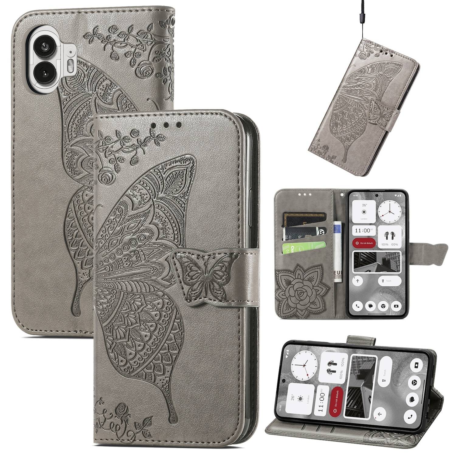Für Nothing Phone 2 Kunstleder Wallet Handy Tasche Schmetterling Design Hülle Etuis Grau