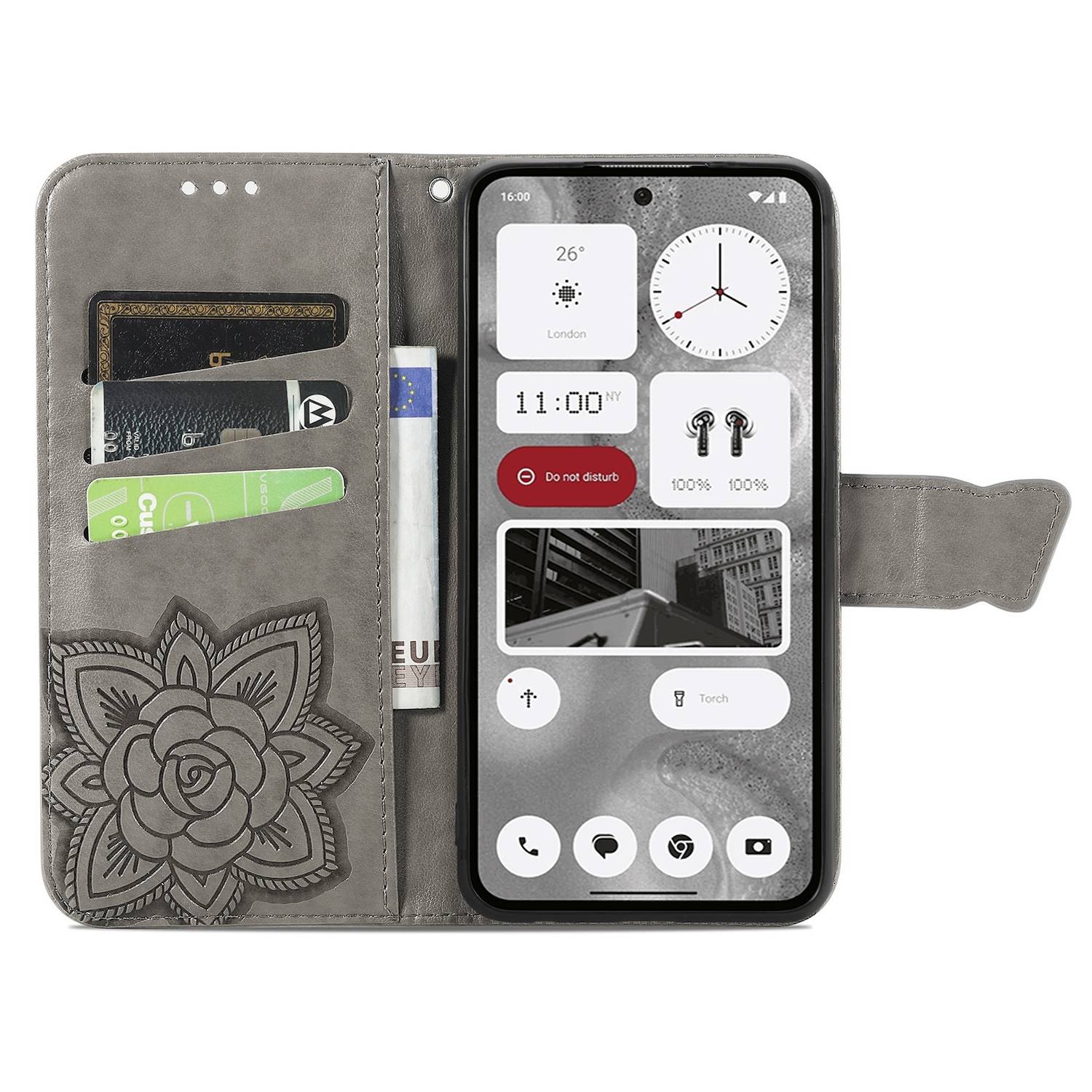 Für Nothing Phone 2 Kunstleder Wallet Handy Tasche Schmetterling Design Hülle Etuis Grau