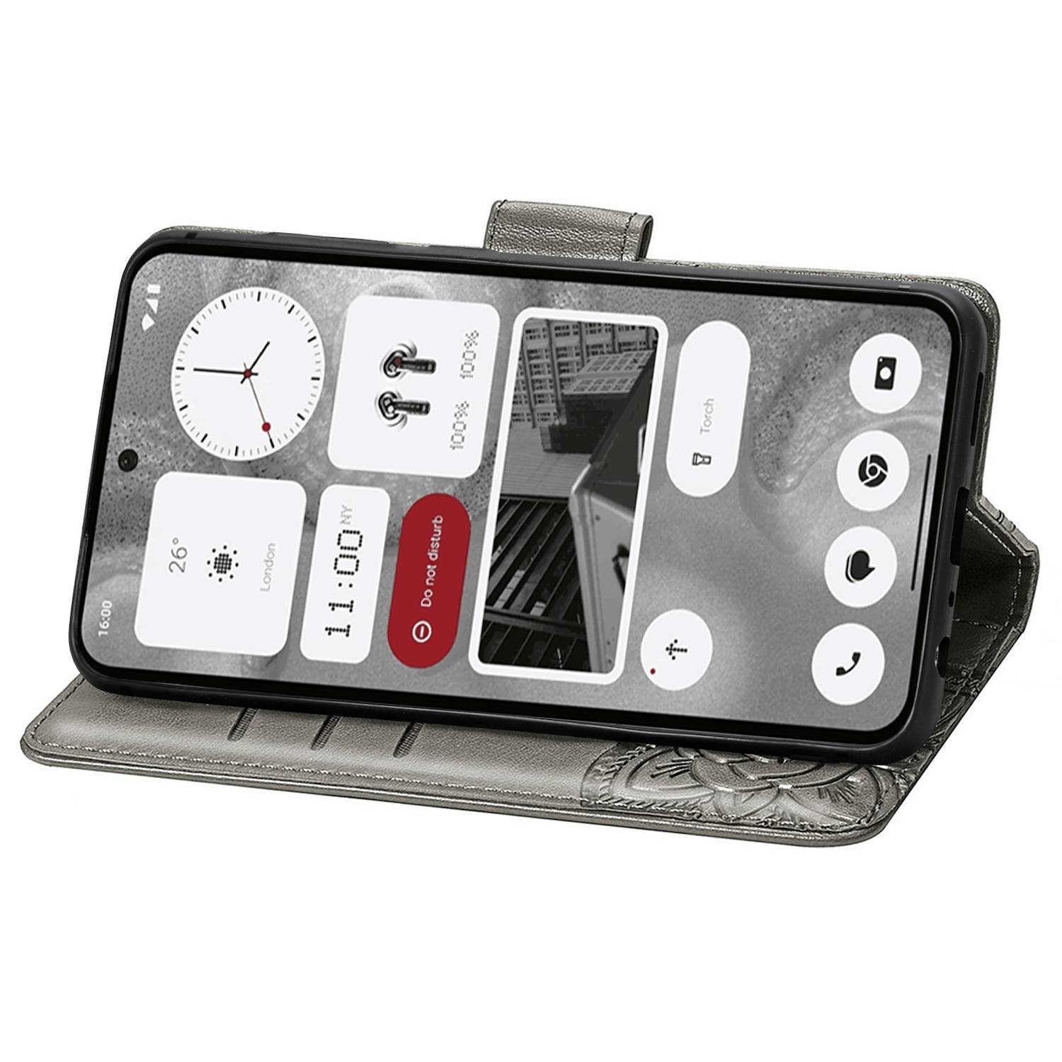 Für Nothing Phone 2 Kunstleder Wallet Handy Tasche Schmetterling Design Hülle Etuis Grau