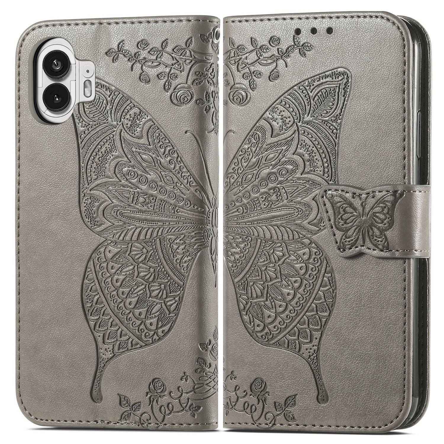 Für Nothing Phone 2 Kunstleder Wallet Handy Tasche Schmetterling Design Hülle Etuis Grau