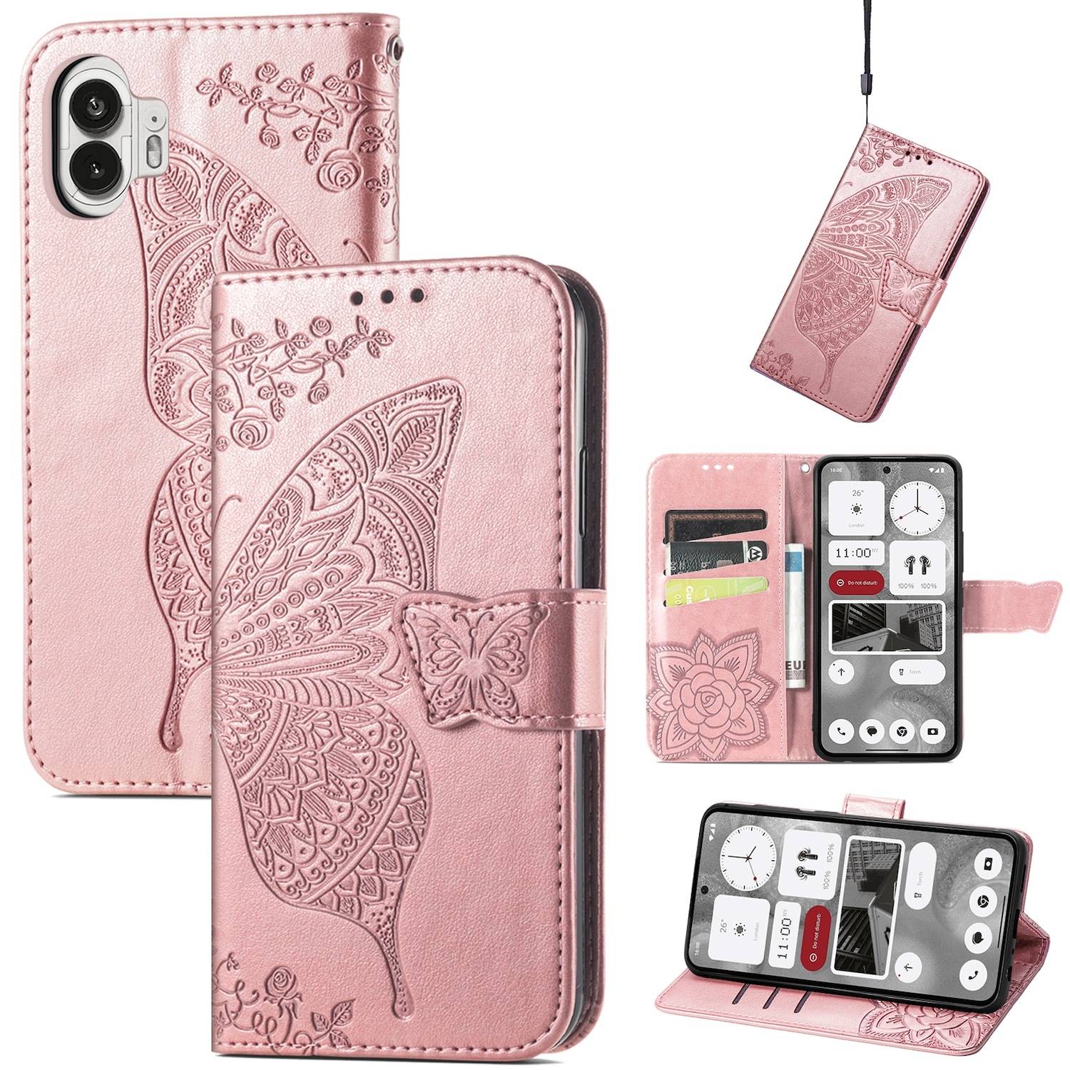 Für Nothing Phone 2 Kunstleder Wallet Handy Tasche Schmetterling Design Hülle Etuis Rosa