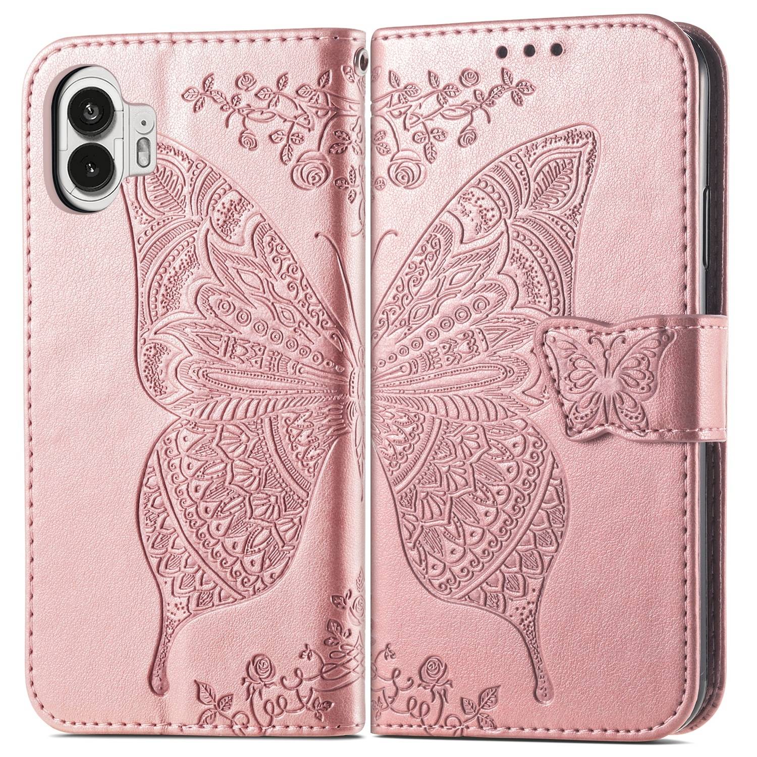 Für Nothing Phone 2 Kunstleder Wallet Handy Tasche Schmetterling Design Hülle Etuis Rosa