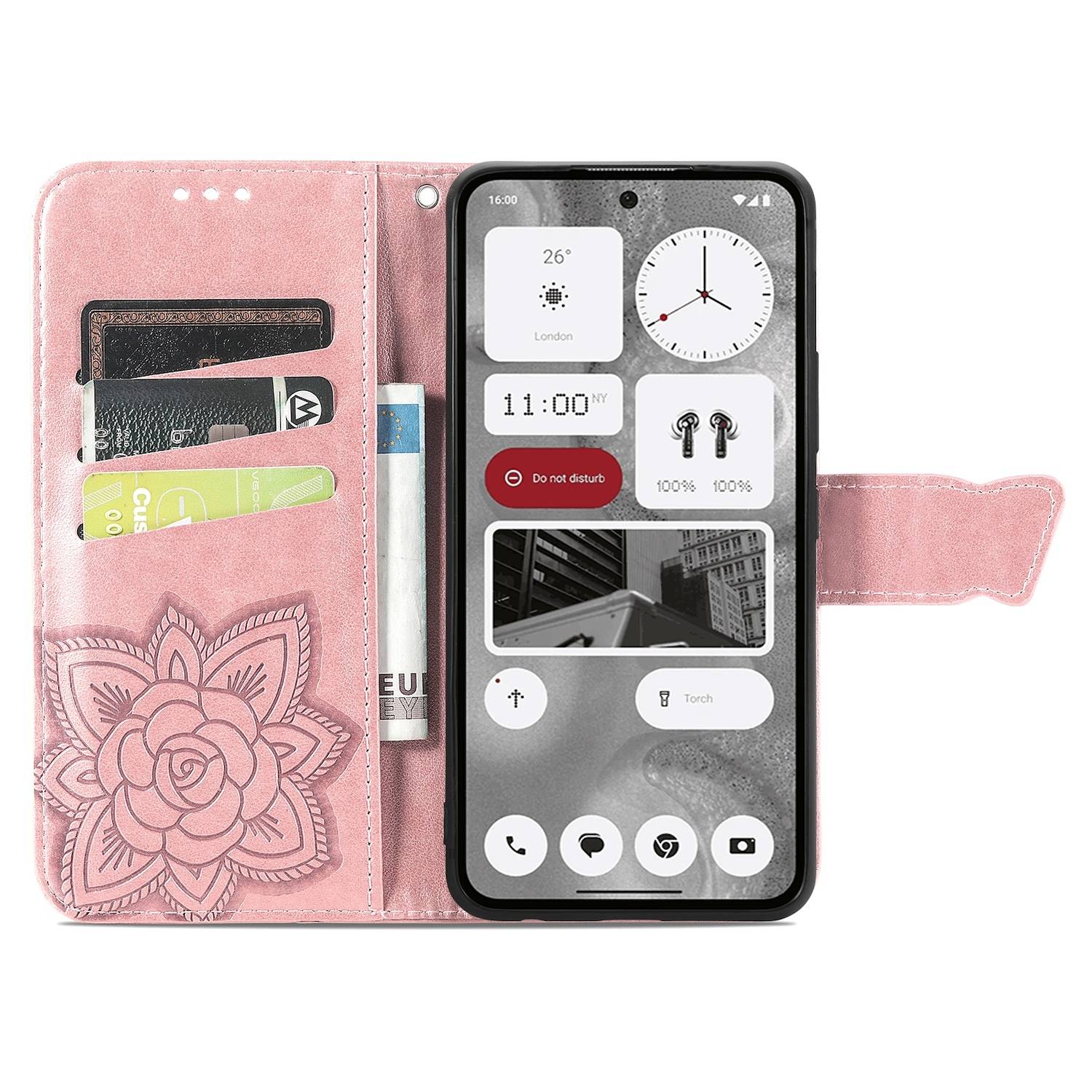 Für Nothing Phone 2 Kunstleder Wallet Handy Tasche Schmetterling Design Hülle Etuis Rosa